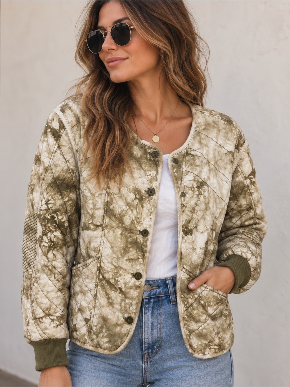 Anthropologie x Marrakech MCC Quilted Tie Dye Jacket Olive Green Boho Utility M